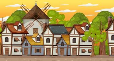 Medieval village scene with windmill and houses vector