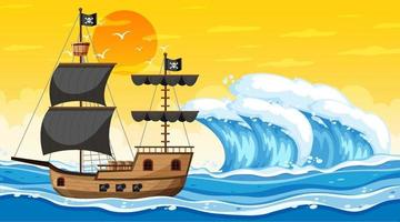 Océano con barco pirata en la escena del atardecer en estilo de dibujos animados