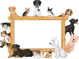Empty wooden frame with various breeds of dogs vector