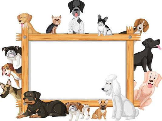 Empty wooden frame with various breeds of dogs