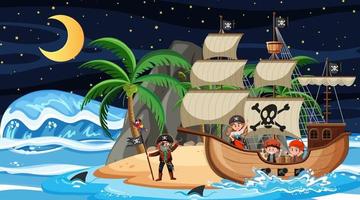 Island with Pirate ship at night scene in cartoon style vector