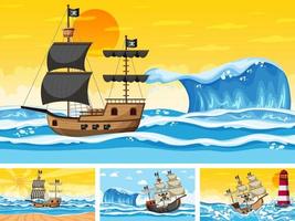 Set of ocean scenes at different times with Pirate ship in cartoon style vector