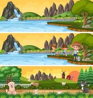 escena de paisaje de naturaleza diferente con personaje de dibujos animados vector