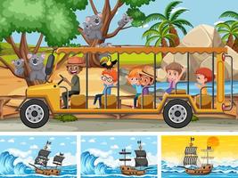 Conjunto de diferentes escenas con barco pirata en el mar y animales en el zoológico. vector