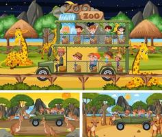 Different safari scenes with animals and kids cartoon character vector