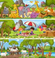 paisaje de naturaleza diferente en la escena diurna con personaje de dibujos animados vector