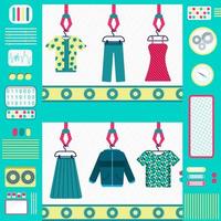 Colorful and cute clothes factory with machines, conveyor and gripper. Flat design. vector