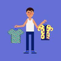 hombre sosteniendo dos perchas con camisas. indecisión sobre cuál ponerse. vector