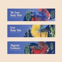 Banner template with betta fish concept,watercolor style vector