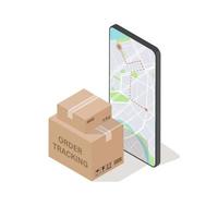 Order tracking concept. 3d box and mobile phone screen with map. vector