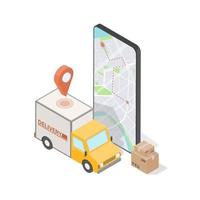 Isometric truck and mobile phone screen with map. vector