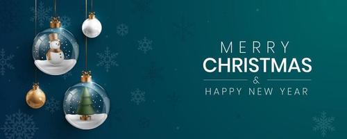 Merry Christmas background with snowman and tree in glass snow globe. Vector illustration.