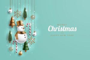banner de feliz navidad con adornos navideños realistas. Ilustración de vector de luz de árbol, muñeco de nieve, copo de nieve y cadena de Navidad.