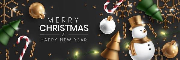 Merry Christmas banner with realistic christmas ornament. Xmas tree, snowman, snowflake and string light Vector illustration.