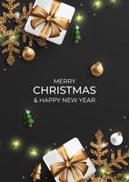 Merry Christmas background with realistic christmas ornament. Xmas ball, tree, gift, sparkling snowflake and string light. Vector illustration.