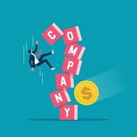 Businessman investor falling from stack block with word COMPANY impact by money coin, stability and uncertainty concept vector