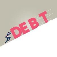 Businessman pushing against huge text spelled debt on slope. Conceptual vector illustration for metaphor financial obligations