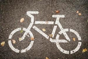 Bicycle Lane sign on asphault with yellow leaves photo