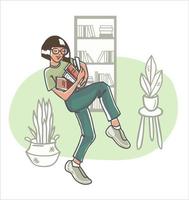 Nerdy female character holding a pile of books with a bookshelf in the background. Hand drawn vector illustration