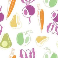 Seamless pattern of colorful fruit and vegetable with abstract shapes. Flat hand drawn vector illustration for package design or kitchen textile