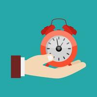 Alarm clock in hand on background vector