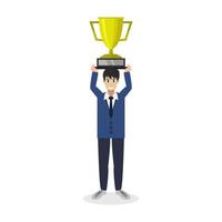 Man lifting trophy on background vector