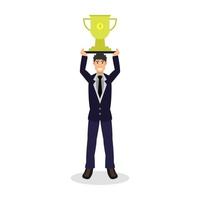 Man lifting trophy on background vector