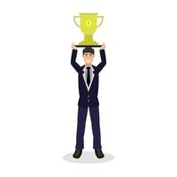 Man lifting trophy on background vector