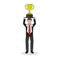 Man lifting trophy on background vector