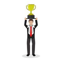 Man lifting trophy on background vector