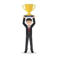 Man lifting trophy on background vector