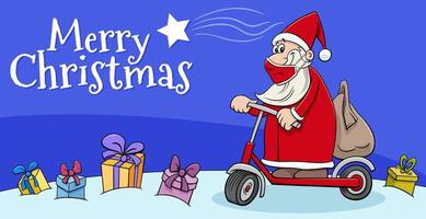 greeting card with Santa Claus on scooter on Christmas time vector