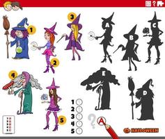 shadows game with cartoon Halloween witch characters vector