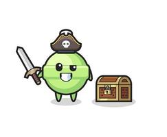 the lollipop pirate character holding sword beside a treasure box vector