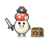 the mushroom pirate character holding sword beside a treasure box vector