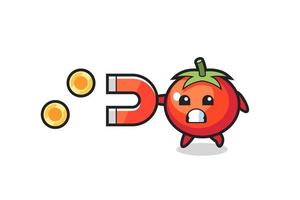 the character of tomato holds a magnet to catch the gold coins vector