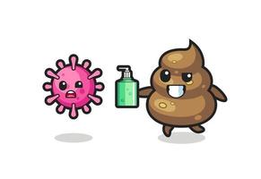 Ilustración del personaje de caca persiguiendo el virus maligno con desinfectante de manos vector