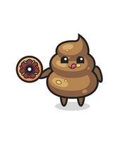 Ilustración de un personaje de caca comiendo una rosquilla vector