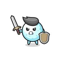 cute snowball soldier fighting with sword and shield vector