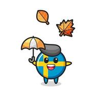 cartoon of the cute sweden flag badge holding an umbrella in autumn