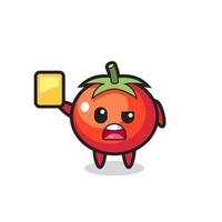 personaje de dibujos animados de tomates como árbitro de fútbol dando una tarjeta amarilla vector