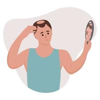 Man looking in the mirror at his baldness. vector