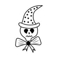 Calavera de Halloween en un sombrero mágico y con un lazo en estilo doodle. vector