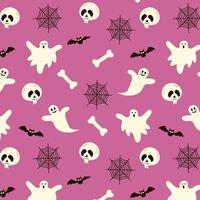 Seamless Halloween Pattern with ghosts, skull, bat, web and bone. vector