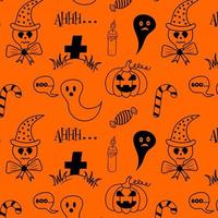 Seamless Halloween Pattern with doodle ghosts, skull, candle, candies and grave. vector