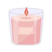 Aromatic candle in glass jar with burning flame light for aromatherapy. Cute hygge home decoration, holiday decorative design element. vector