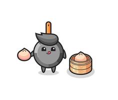cute frying pan character eating steamed buns vector