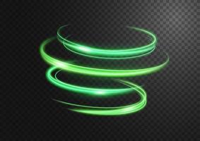 Línea de luz abstracta en forma de remolino verde con un fondo transparente, aislado y fácil de editar