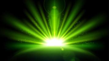 Green Rays with Lens Flare isolated on Black Background. Widescreen Resolution Vector Illustration