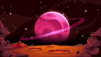 Mars landscape with alien planet in cosmos. Empty red desert with pits and craters. Vector cartoon illustration.